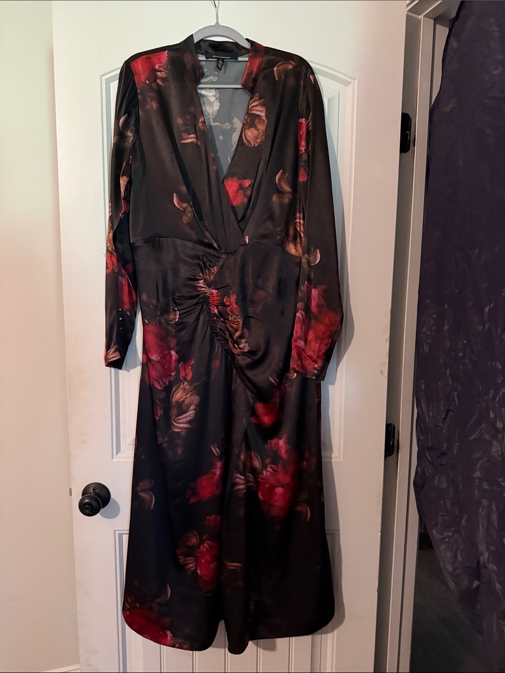 White House Black Market Black Midi Dress with Red Floral Print